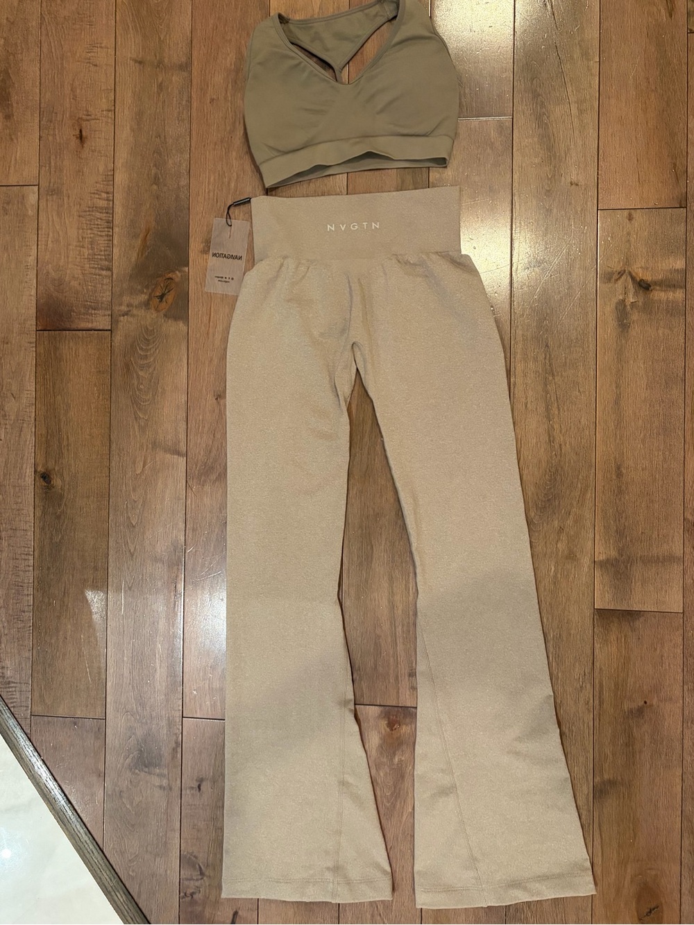 NVGTN High-Waist Flare Pants and Sports Bra in Beige